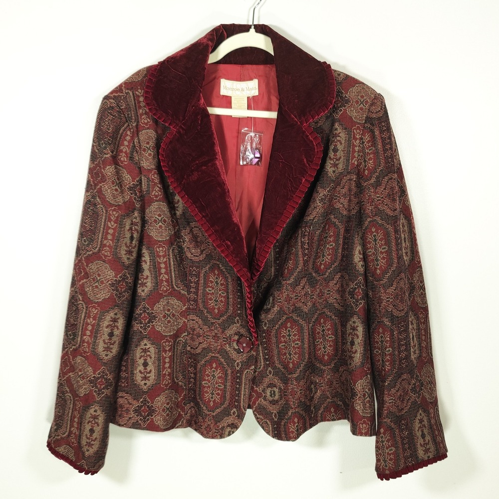 Monroe & Main Burgundy Tapestry Jacquard Velvet Blazer 18W Boho Victorian